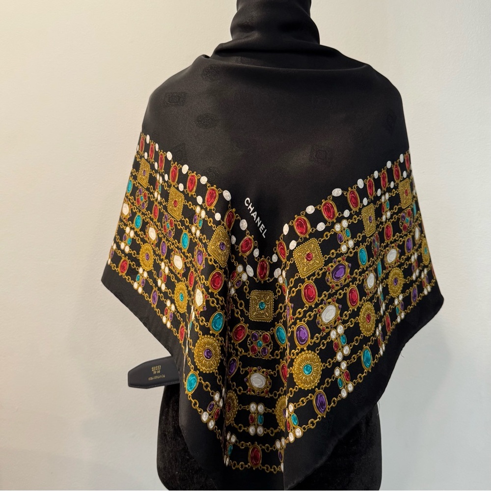 CHANEL Black Silk Scarf with Multicolor Jewel Chain Print